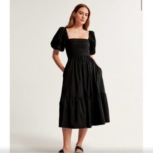 Abercrombie Emerson Poplin Puff Sleeve Midi Dress Black Large